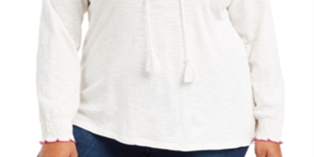 Style & Co Women's Plus Embroide Tie Neck Top White Size 3X