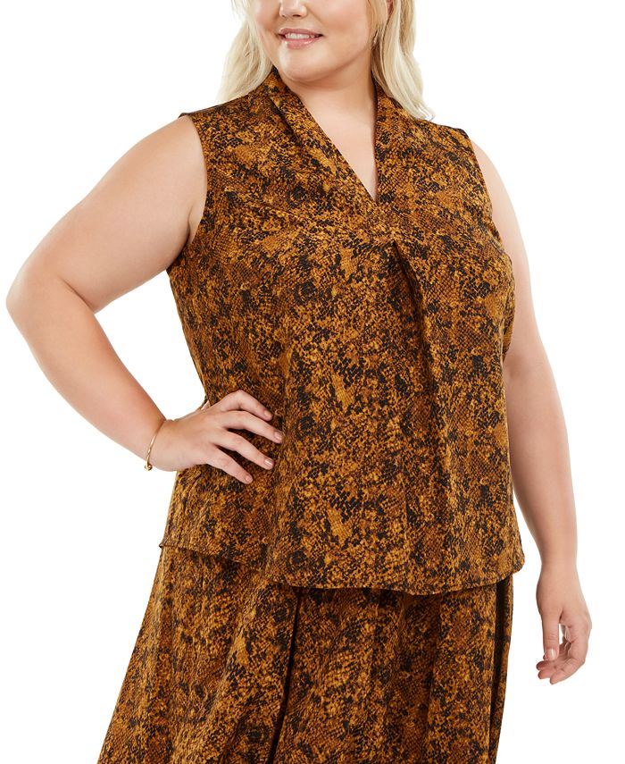 Bar III Women's Trendy Plus Snake Print V Neck Top Brown Size 2XL