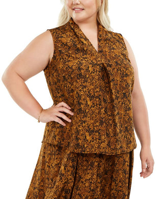 Bar III Women's Trendy Plus Snake Print V Neck Top Brown Size 2XL