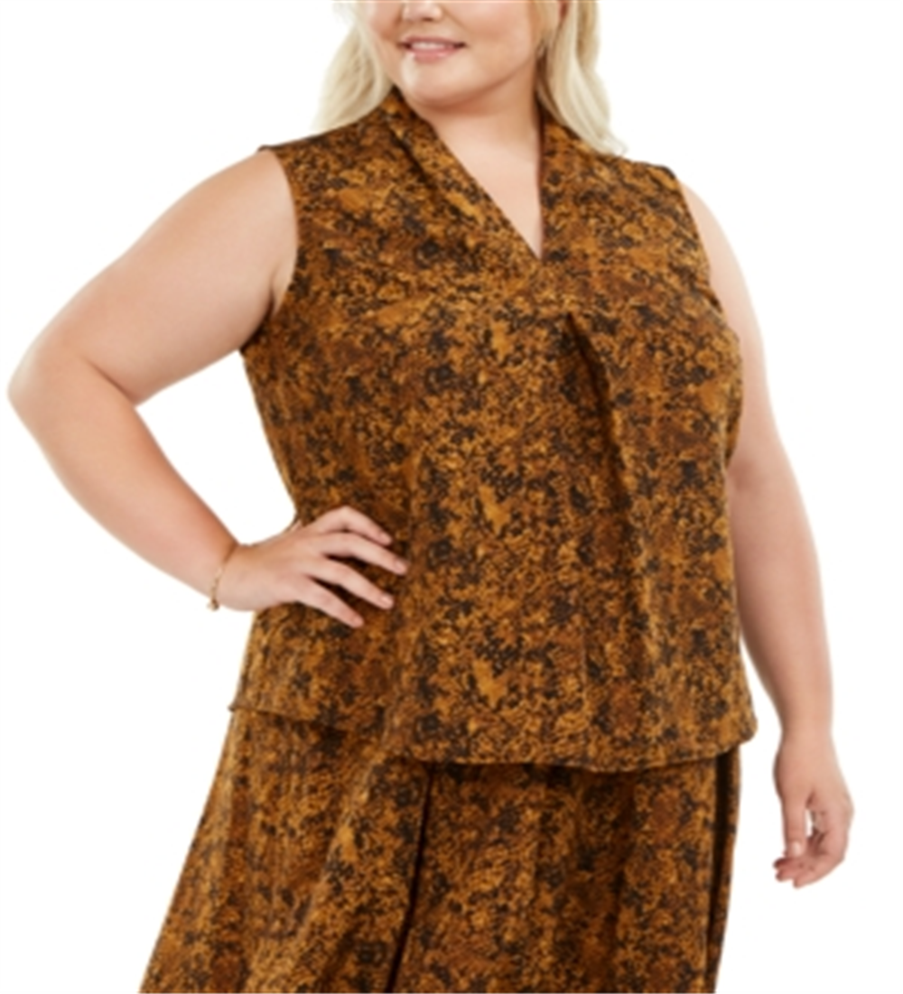 Bar III Women's Trendy Plus Snake Print V Neck Top Brown Size 2XL