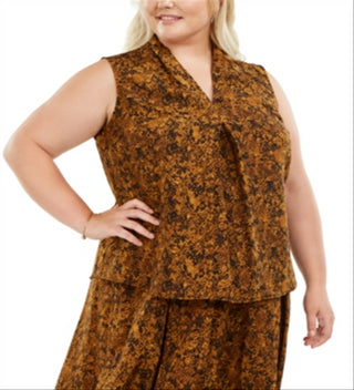 Bar III Women's Trendy Plus Snake Print V Neck Top Brown Size 2XL