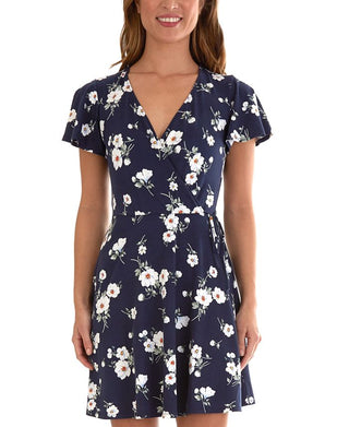 BCX Women's Stretch Tie Floral Flutter Sleeve Surplice Neckline Above the Knee Wear to Work Fit Flare Dress Blue Size Medium