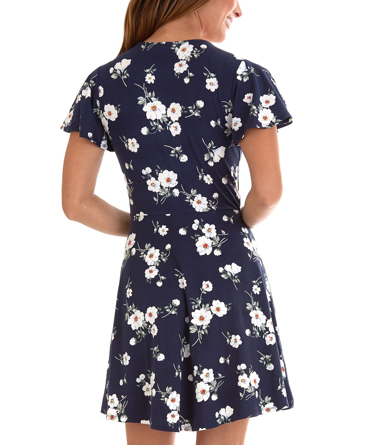 BCX Women's Stretch Tie Floral Flutter Sleeve Surplice Neckline Above the Knee Wear to Work Fit Flare Dress Blue Size Medium