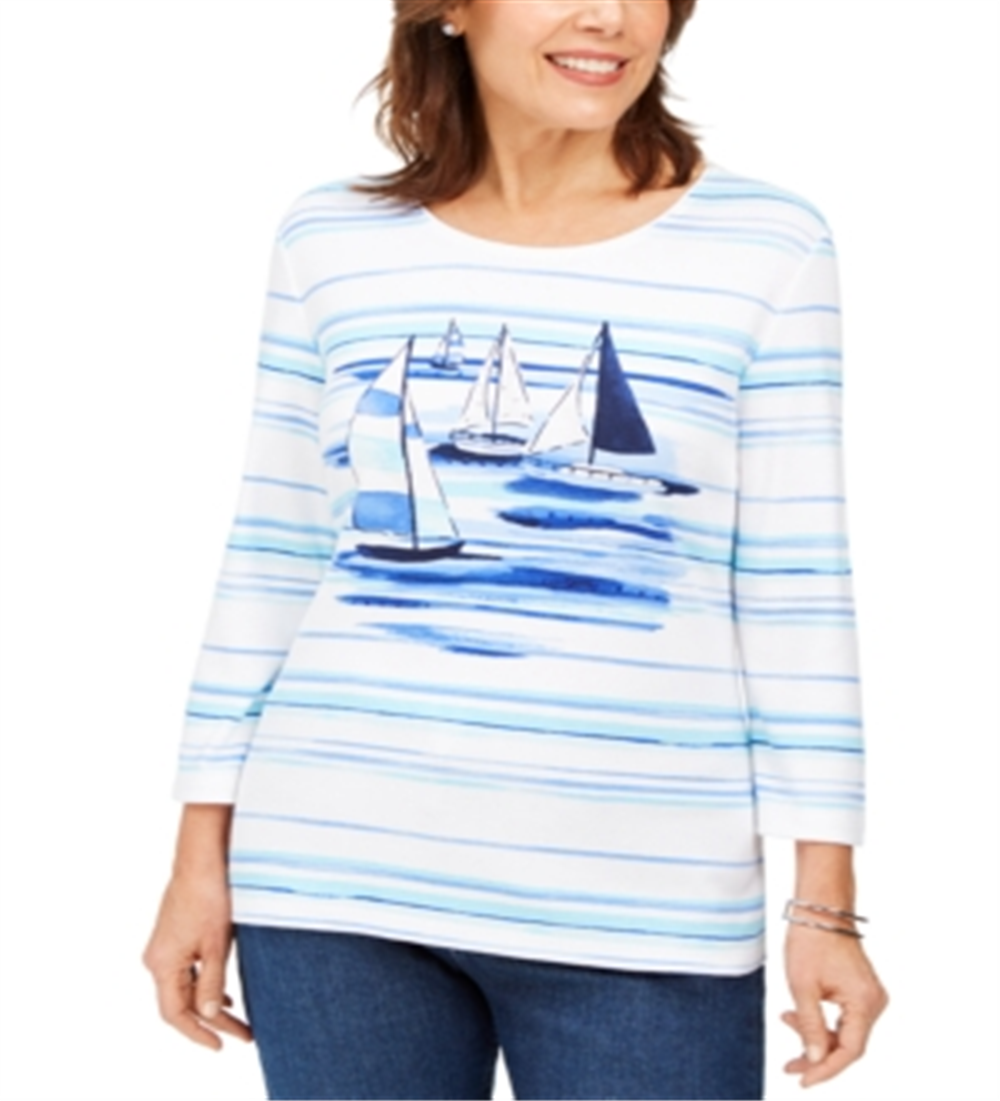 Karen Scott Women's Boat Print Embellished Top White Size S
