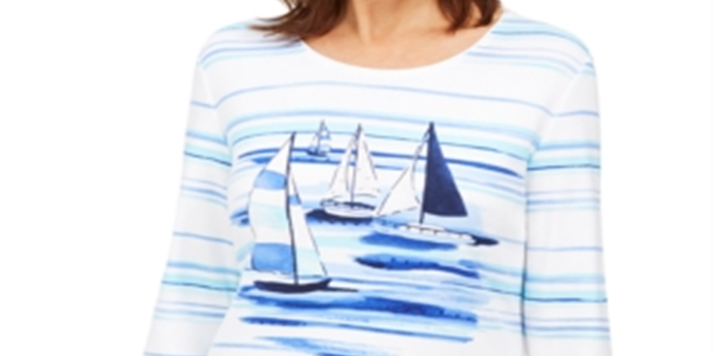 Karen Scott Women's Boat Print Embellished Top White Size S