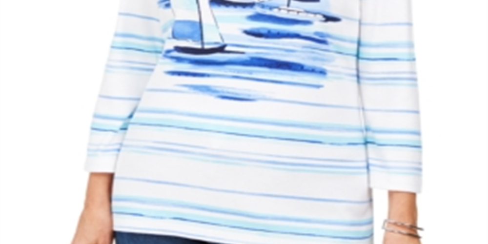 Karen Scott Women's Boat Print Embellished Top White Size S