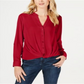 INC Women's Twist Front 3/4 Sleeve V Neck Button up Top Red Size XS
