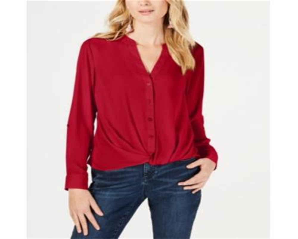 INC Women's Twist Front 3/4 Sleeve V Neck Button up Top Red Size XS