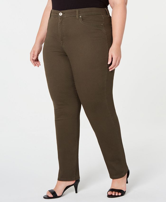 Style & Co Women's Plus Tummy Control Straight Leg Jeans Green Size 14W
