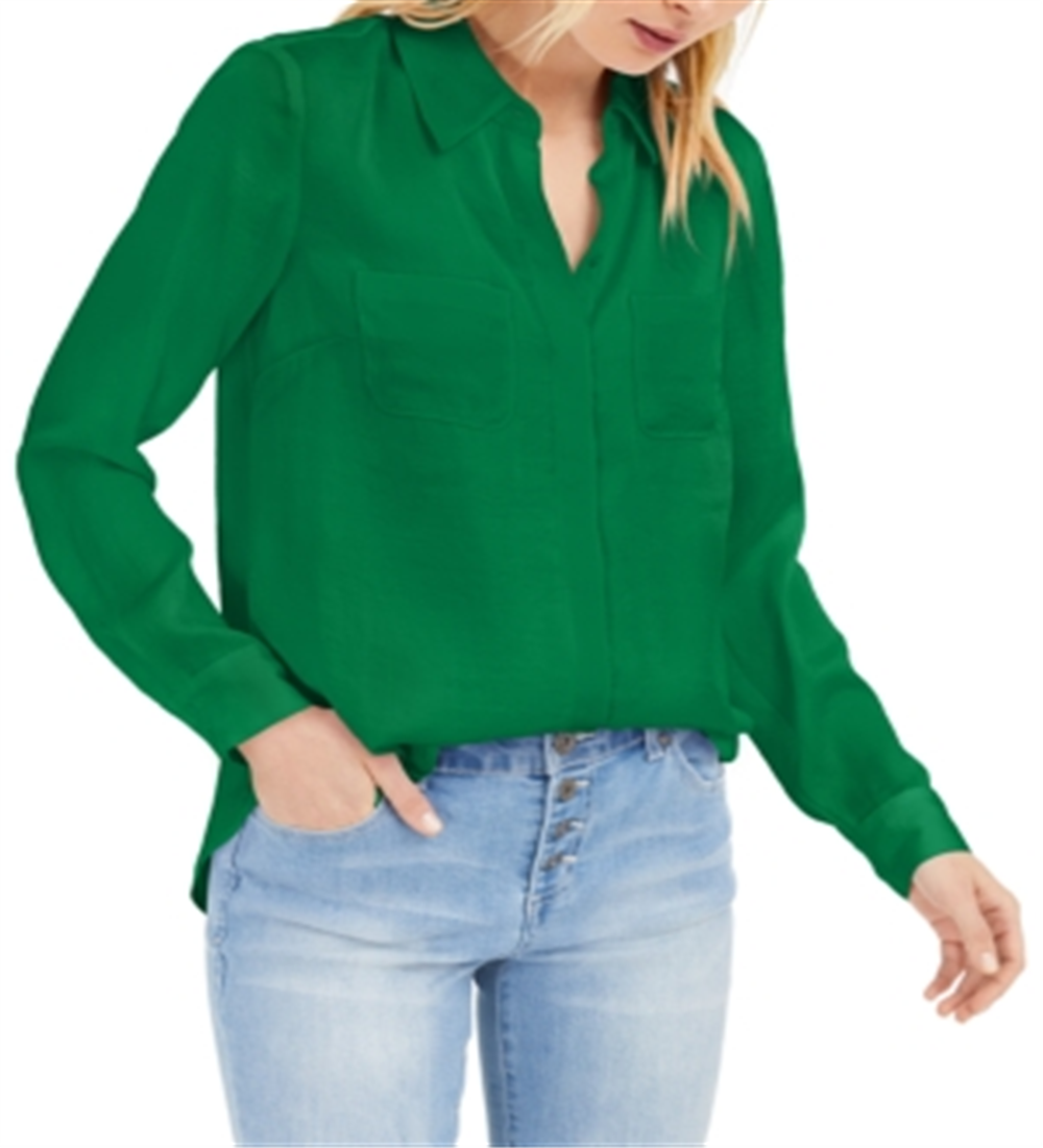 INC Women's Blouse Bright Pine Button-Front Solid Green Size Medium