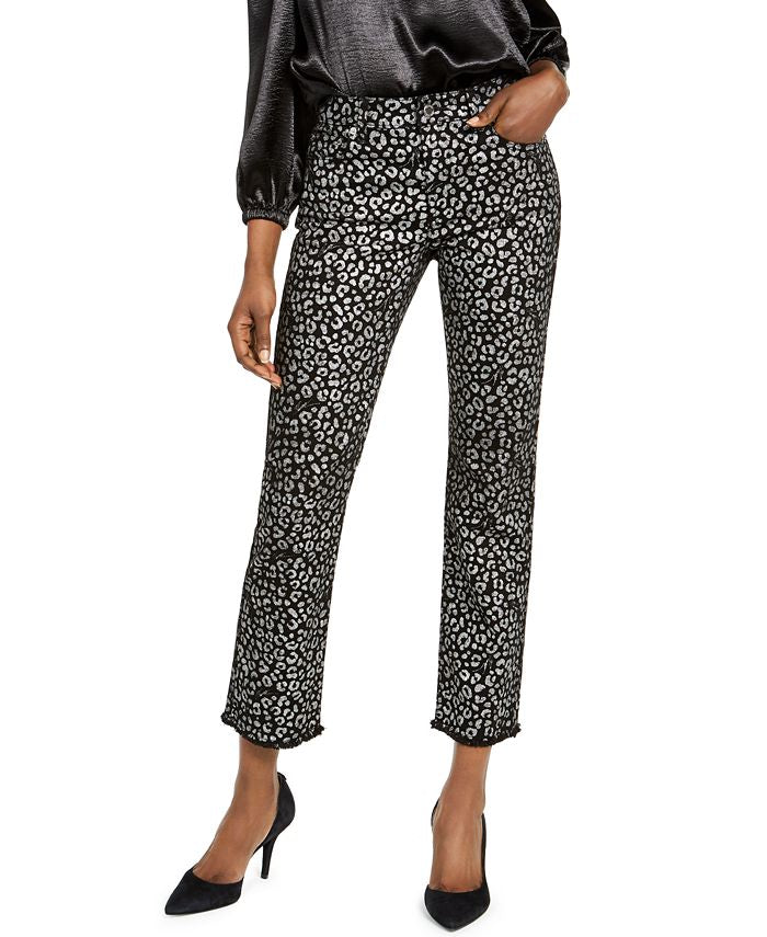 Michael Kors Women's Foil Animal Print Cropped Jeans Black Size -0