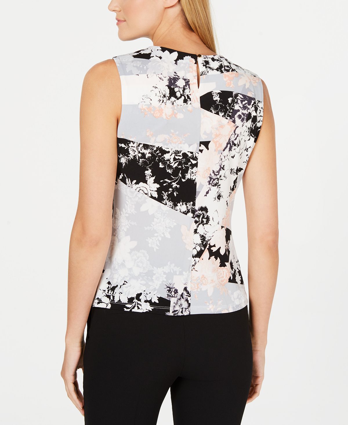 Calvin Klein Women's Sleeveless Floral Patchwork Blouse Gray Size Petite M