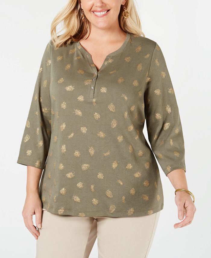 Karen Scott Women's Plus Foil Print Henley Top Green Size 0X