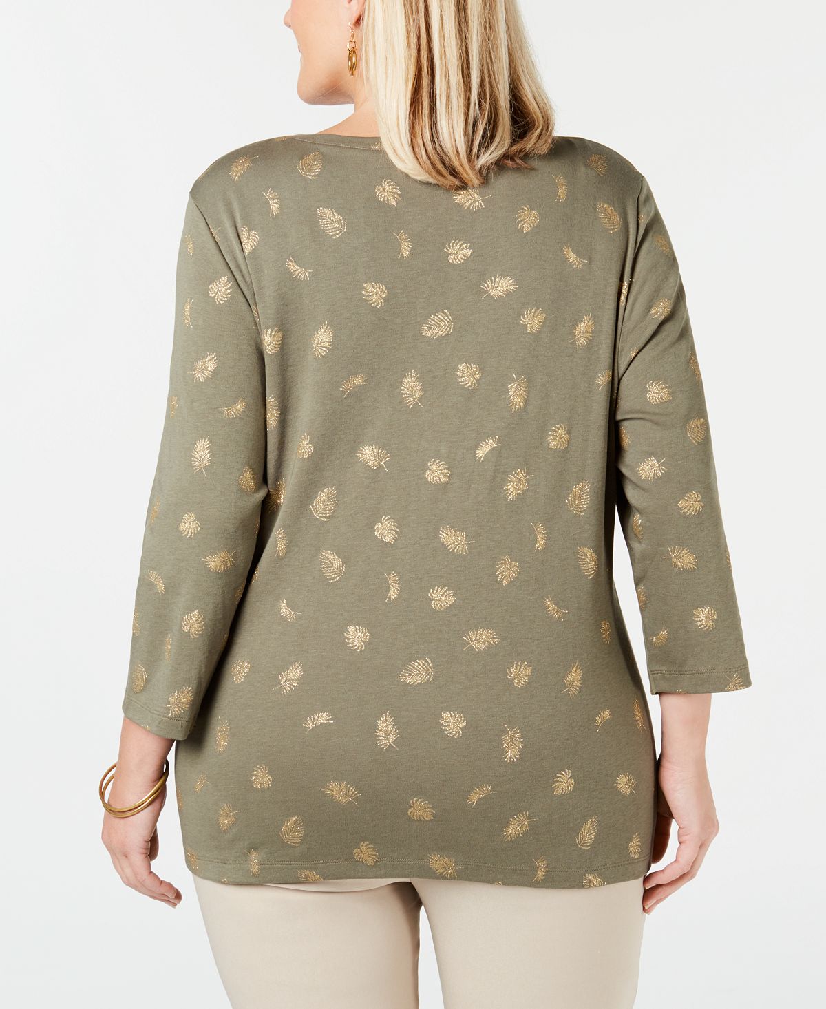 Karen Scott Women's Plus Foil Print Henley Top Green Size 0X