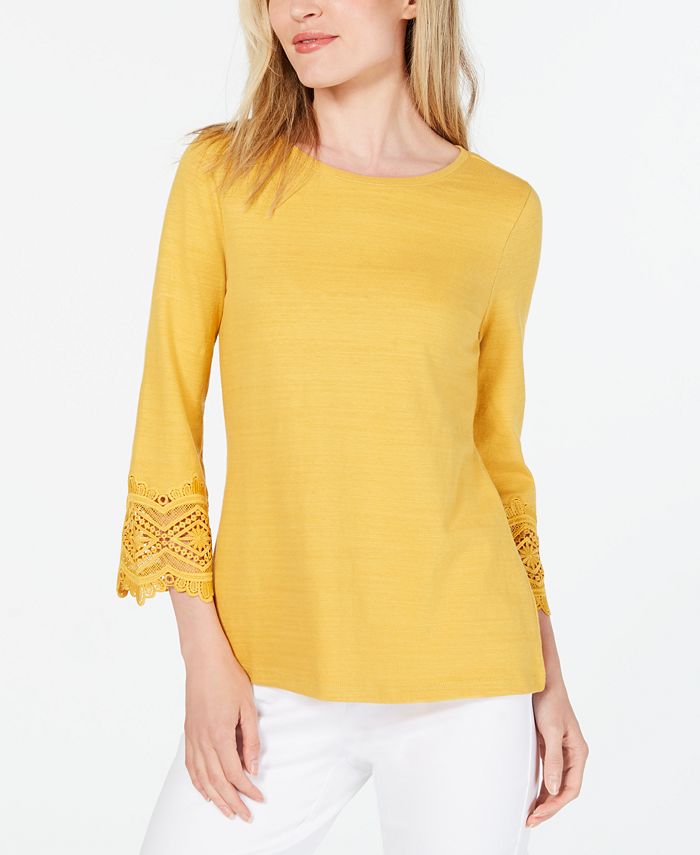 Charter Club Women's Cotton Lace Trim Top White Size Petite