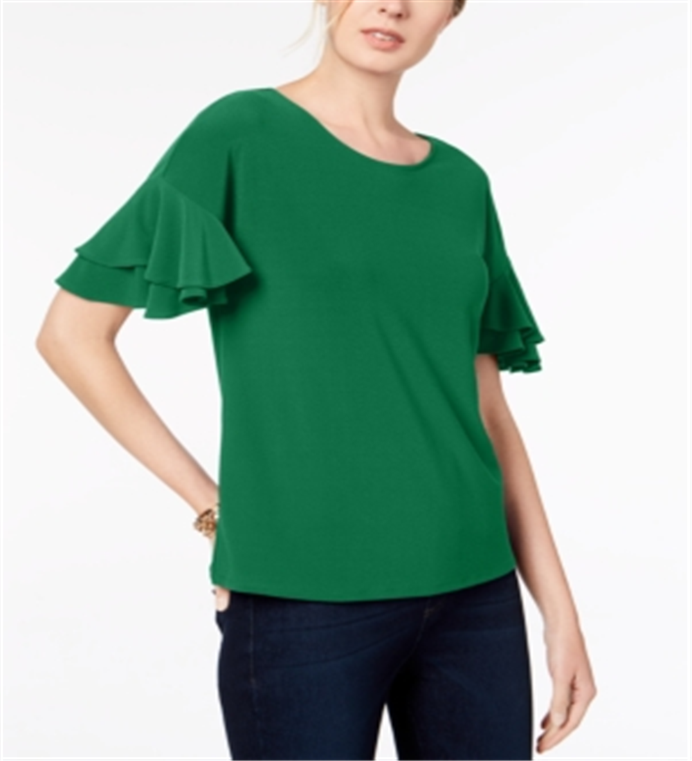 INC International Concepts Women's Ruffled Sleeve Top Green Size Petite