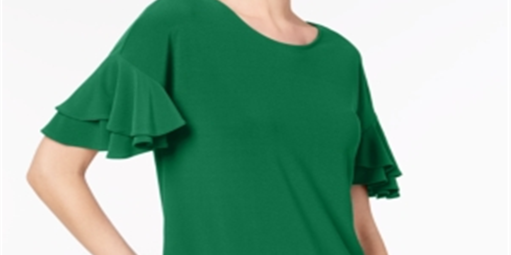 INC International Concepts Women's Ruffled Sleeve Top Green Size Petite