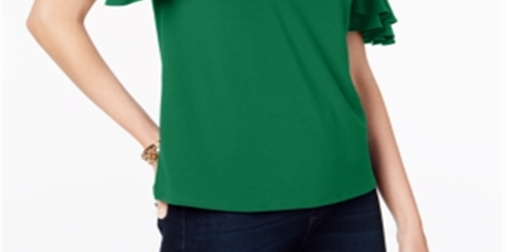 INC International Concepts Women's Ruffled Sleeve Top Green Size Petite