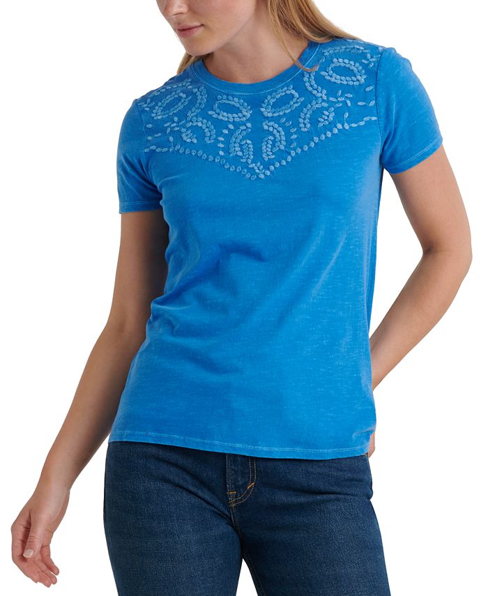 Lucky Brand Women's Embroidered Yoke Neck Tee Princess Blue Size Medium