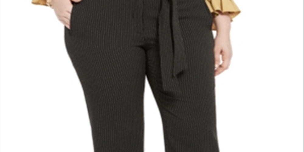 Bar III Women's Plus Striped Tie Waist Pants Black Size 24W