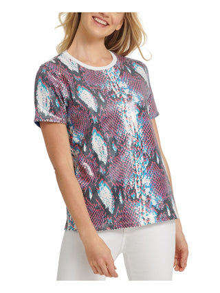 DKNY Womens Sequined Animal Print Short Sleeve Jewel Neck Top Blue Size XL