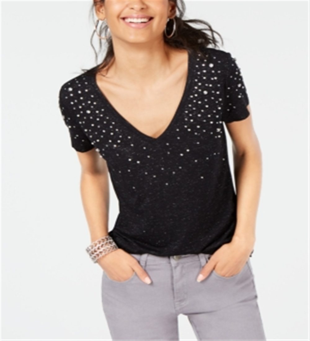 INC International Concepts Women's Embellished T-Shirt Black Size Petite