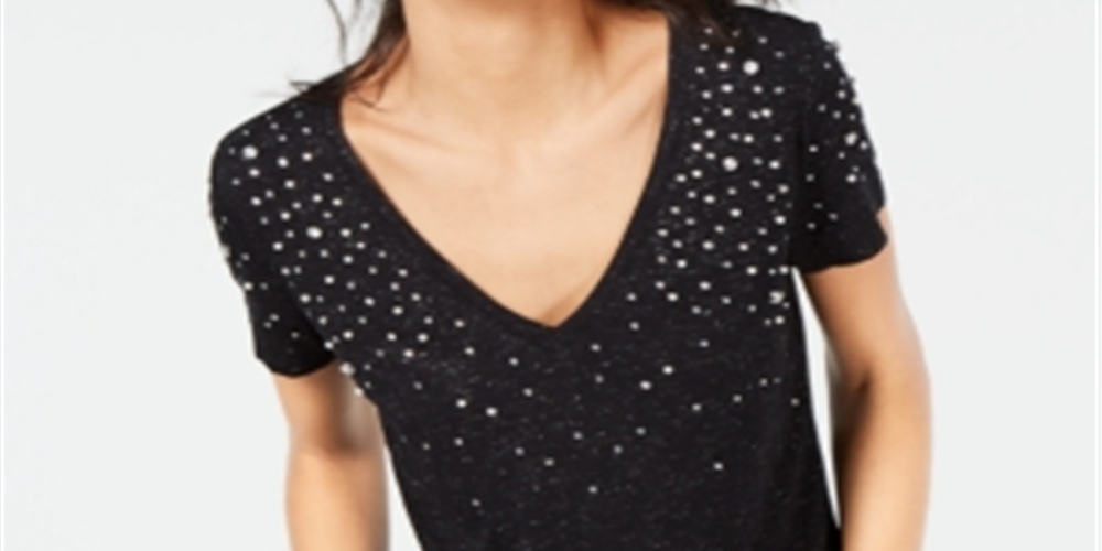 INC International Concepts Women's Embellished T-Shirt Black Size Petite