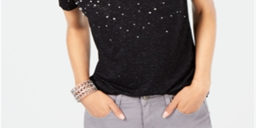 INC International Concepts Women's Embellished T-Shirt Black Size Petite