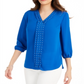 JM Collection Women's Solid Studded Pleated Blouse Blue Size Medium
