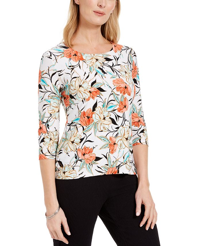 JM Collection Women's Floral Print Top White Size Petite M