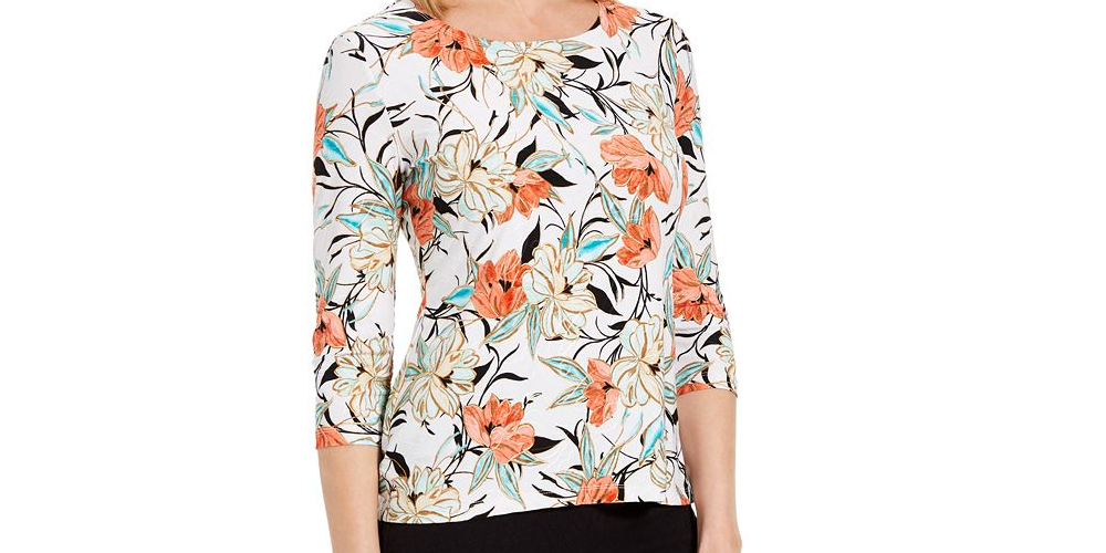 JM Collection Women's Floral Print Top White Size Petite M