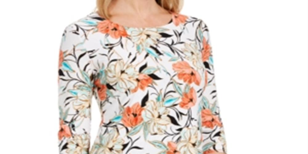 JM Collection Women's Floral Print Top White Size Petite M