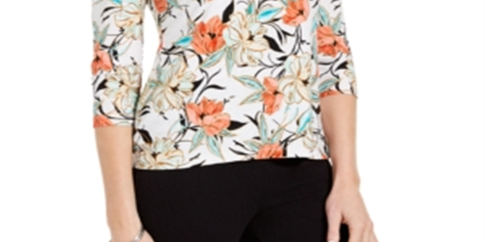 JM Collection Women's Floral Print Top White Size Petite M