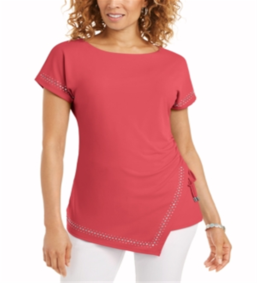 JM Collection Women's Embellished Ruched Side Tie Top Pink Size Medium