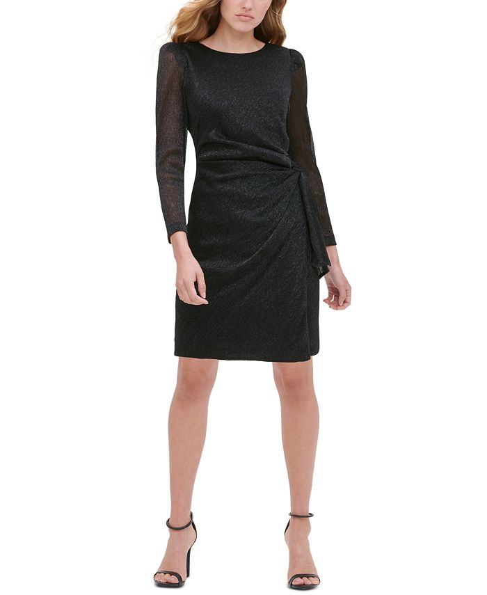 Tommy Hilfiger Women's Belted Heather Long Sleeve Jewel NeckCocktail Dress Gray -Size 4