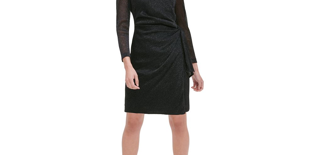 Tommy Hilfiger Women's Belted Heather Long Sleeve Jewel NeckCocktail Dress Gray -Size 4