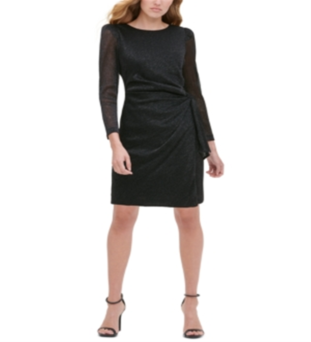 Tommy Hilfiger Women's Belted Heather Long Sleeve Jewel NeckCocktail Dress Gray -Size 4