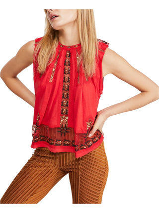 Free People Women's Printed Sleeveless Crew Neck Top Red Size Large