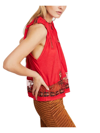 Free People Women's Printed Sleeveless Crew Neck Top Red Size Large
