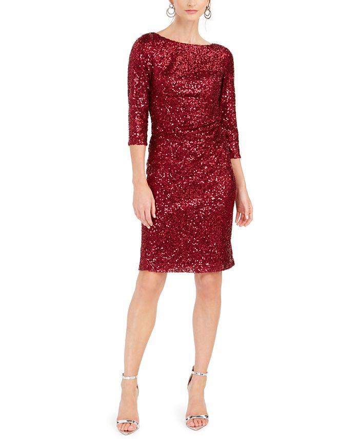 Jessica Howard Women's Sequined Long Sleeve Jewel Neck Knee Length Sheath Party Dress Red Size 14 Petite