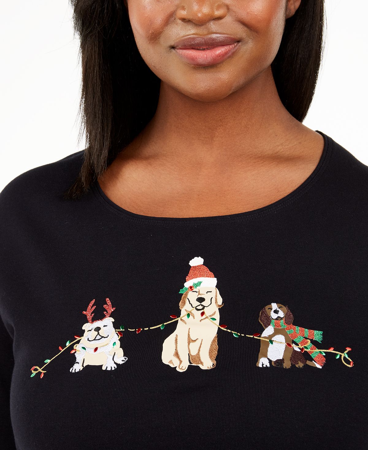 Karen Scott Women's Plus Caroling Dog Festive Lights Christmas Top Black Size 0X