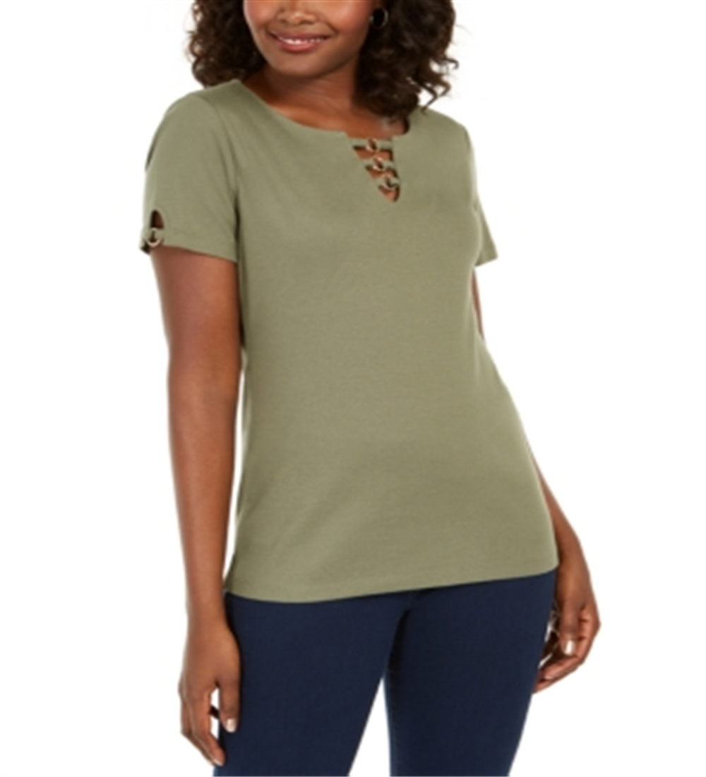 Karen Scott Women's Triple Ring Cutout Top Green Size Small