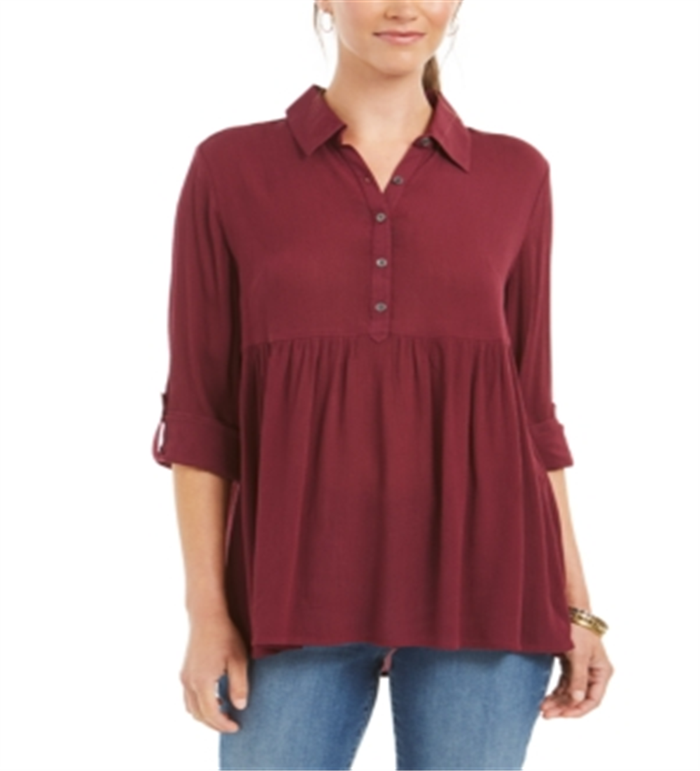 Style & Co Women's Roll Sleeve Oversized Shirt Red Size XX-Large