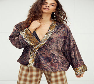Free People Women's Layla Embellished Kimono Washed Top Brown Size Small