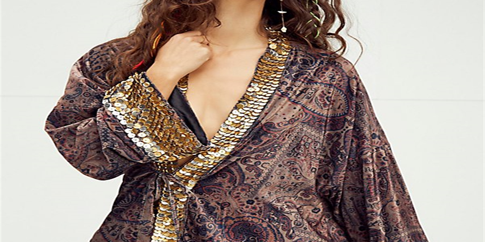 Free People Women's Layla Embellished Kimono Washed Top Brown Size Small