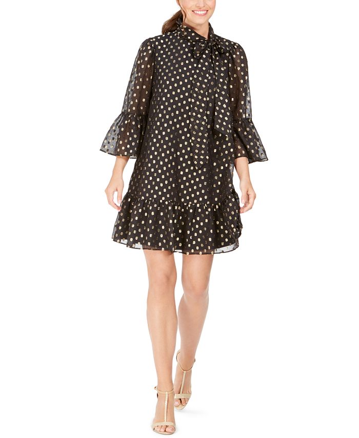 Calvin Klein Women's Tie Neck Metallic Clip Dot Dress Black Size 6