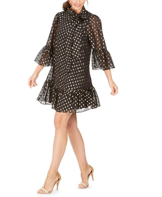 Calvin Klein Women's Tie Neck Metallic Clip Dot Dress Black Size 6