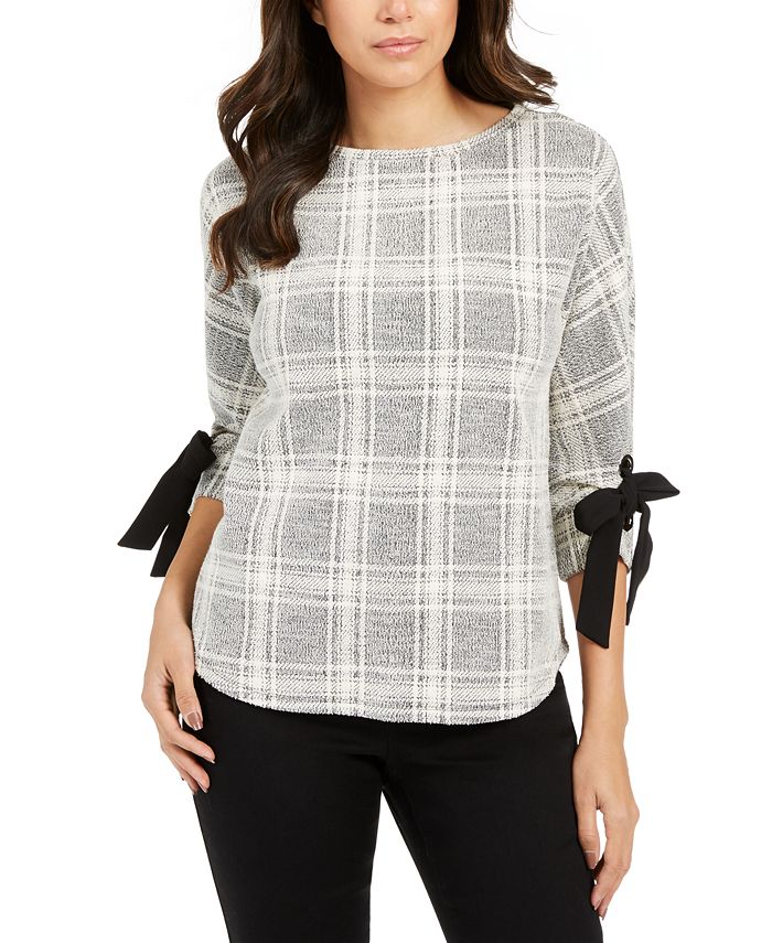 Charter Club Petite Plaid Tie-Cuff Top  Black Size Petite M
