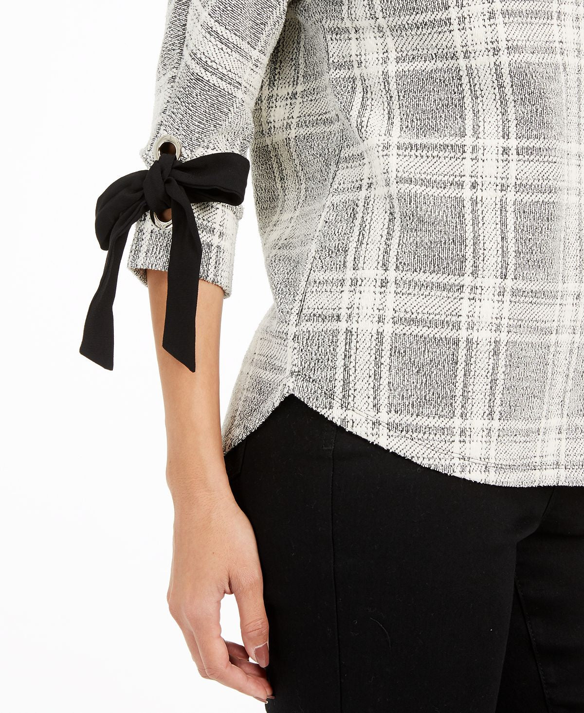 Charter Club Petite Plaid Tie-Cuff Top  Black Size Petite M