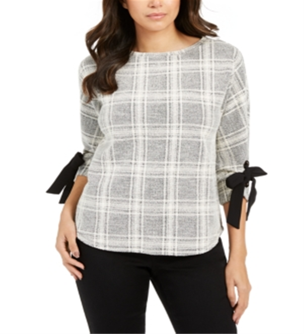Charter Club Petite Plaid Tie-Cuff Top  Black Size Petite M